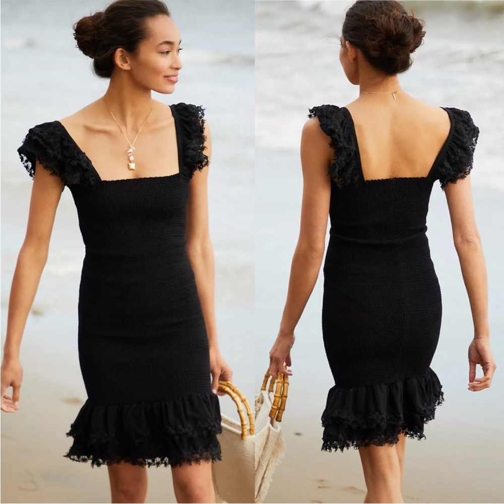 Peixoto NEW Belle Square Neck Ruffle Trim Smocked Mini Dress Resort Black Large